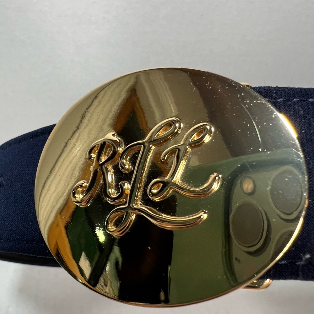 Ralph Lauren Navy Belt with Gold RL Monogram Buckle